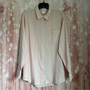 Gap The Easy Shirt Pink & Orange Stripe Gold Lurex  Long Sleeve Button Front Top